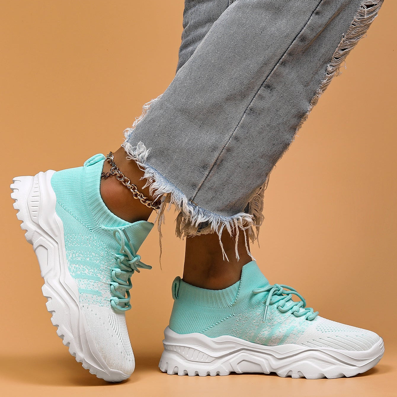 Women Knit Sneakers Chunky Platform Sock Shoes Lace Up Breathable Casual Trainers