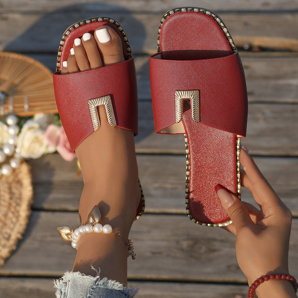 Women's Square Toe Slide Sandals with Gold U-Buckle Ornament – Studded Flat Slippers
