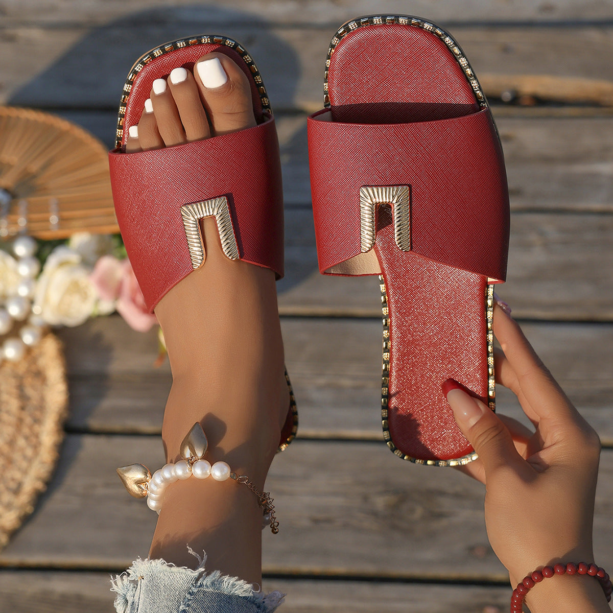 Women's Square Toe Slide Sandals with Gold U-Buckle Ornament – Studded Flat Slippers