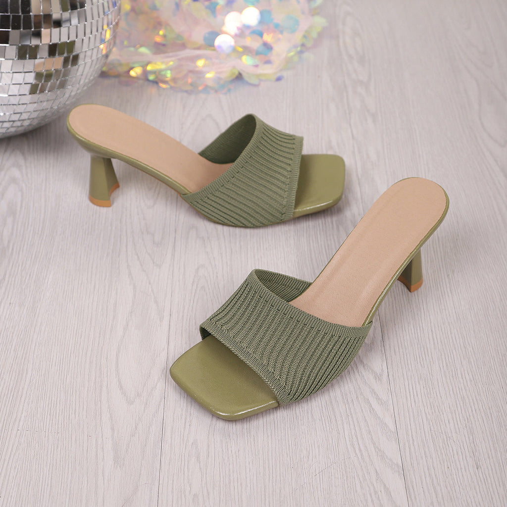 Ribbed Knit Square Toe Block Heel Mules – Comfortable Slip-On Sandals