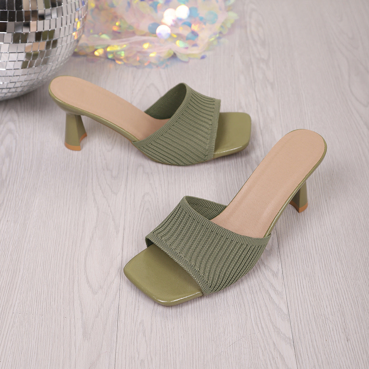 Ribbed Knit Square Toe Block Heel Mules – Comfortable Slip-On Sandals