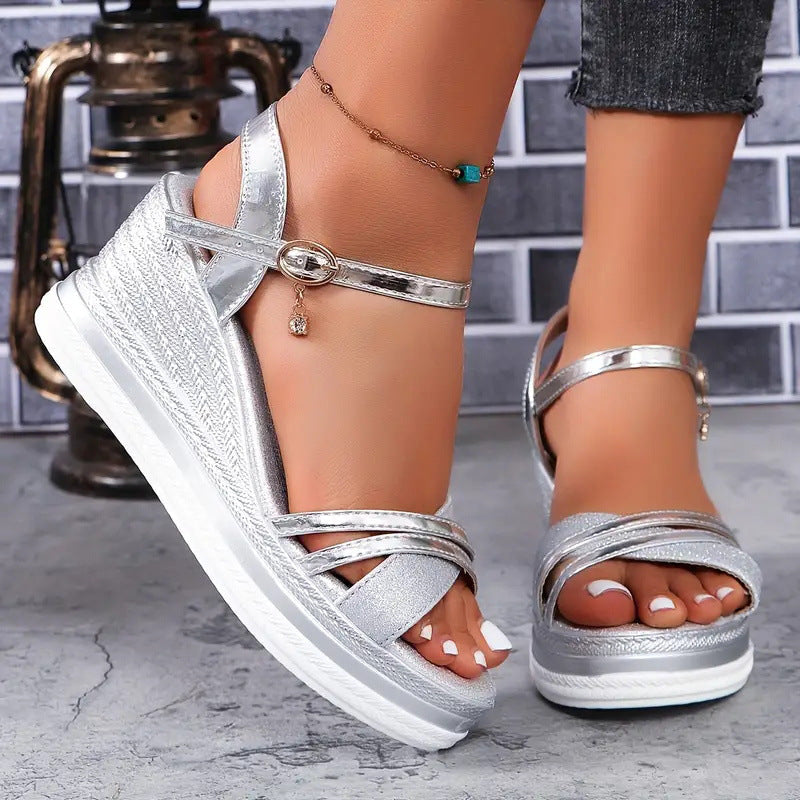 Women Platform Wedge Sandals Criss Cross Straps Ankle Buckle Summer Shoes