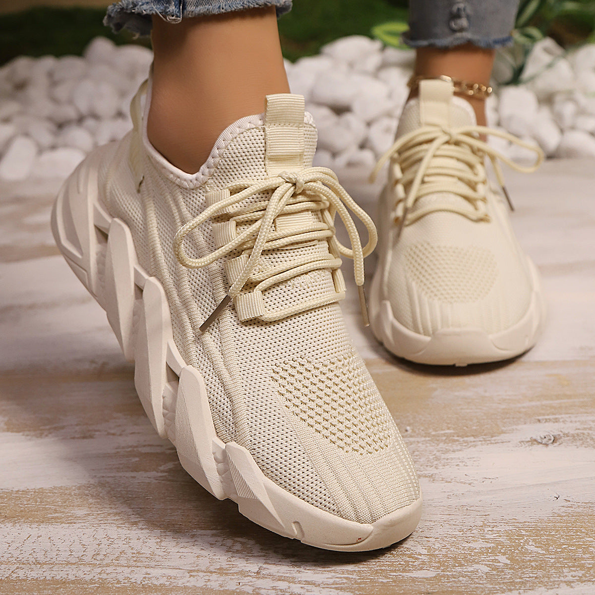 Women's Chunky Platform Mesh Sneakers - Lightweight Breathable Lace-Up Casual Shoes