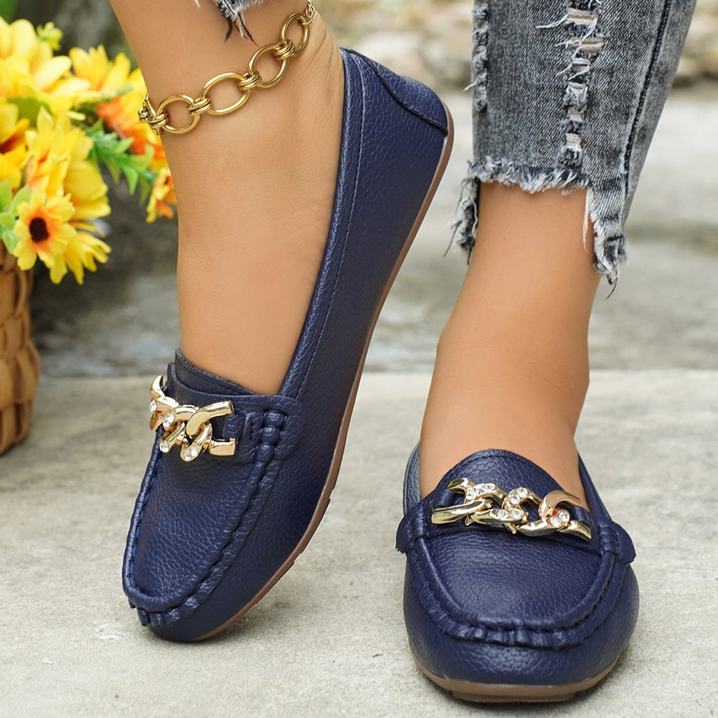 Women's Classic Chain Loafers with Gold Buckle Ornament – Comfortable Casual Slip-On Flats