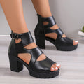 Women Peep Toe Platform Chunky Heel Sandals with Ankle Buckle 7.5cm
