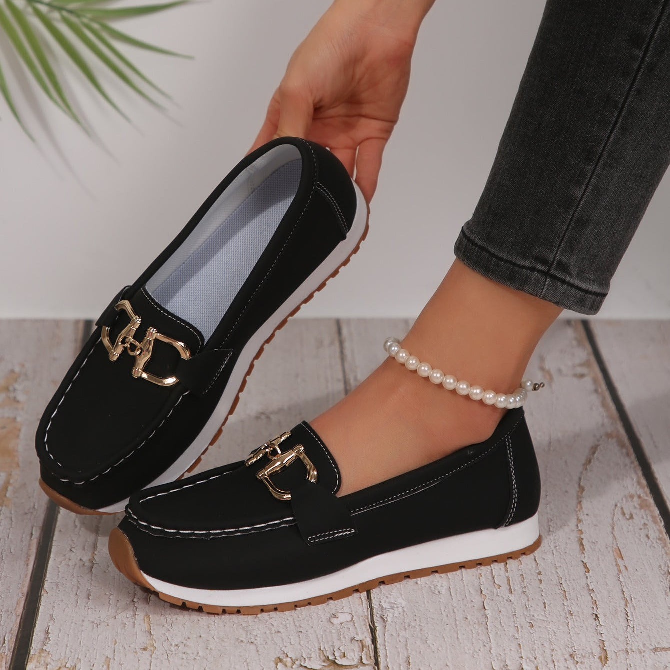 Women's Casual Loafers with Gold Buckle – Comfortable Platform Slip-On Shoes