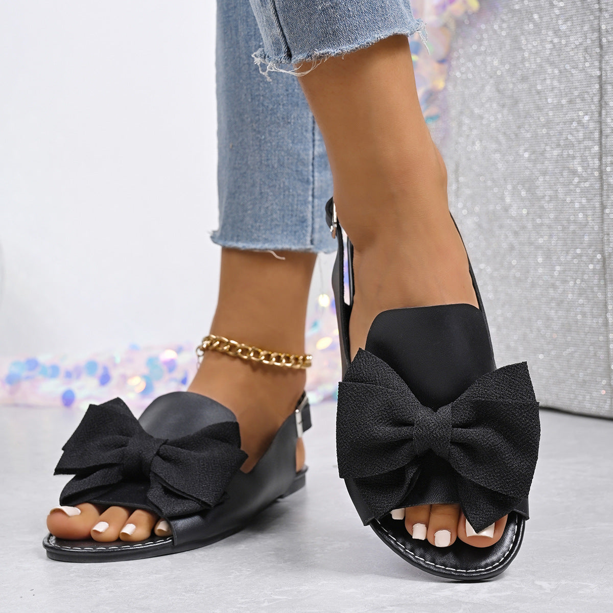 Women Peep Toe Bow Flat Sandals with Ankle Strap - Comfortable Summer Dress Shoes