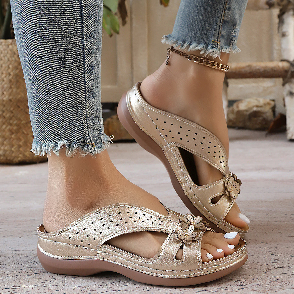 Women’s Platform Slide Sandals with Flower Embellishment – Perforated Breathable Comfort Wedges