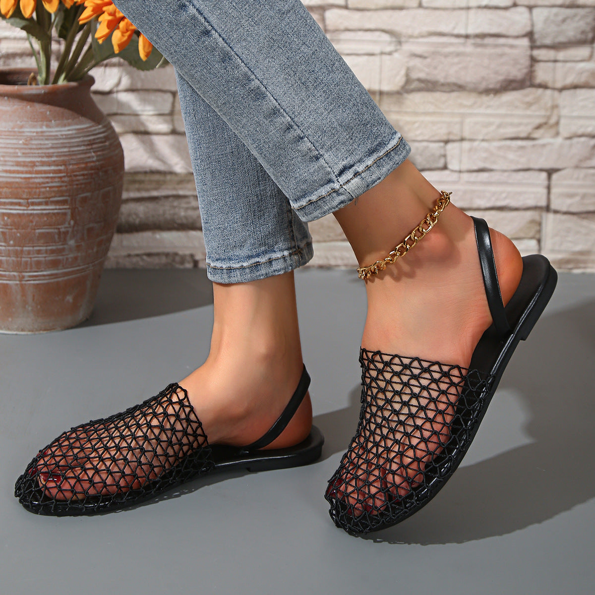 Women's Breathable Mesh Slingback Flat Sandals – Hollow Out Woven Comfort Slip-On Shoes
