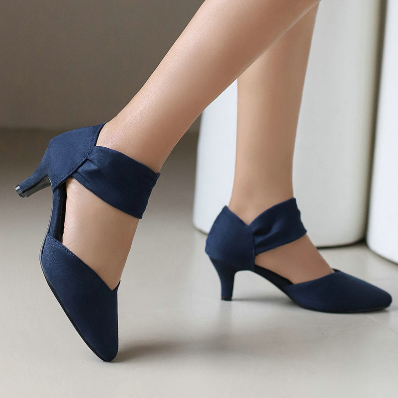 Women Pointed Toe Kitten Heel Ankle Strap Pumps - Suede Low Heel Dress Shoes