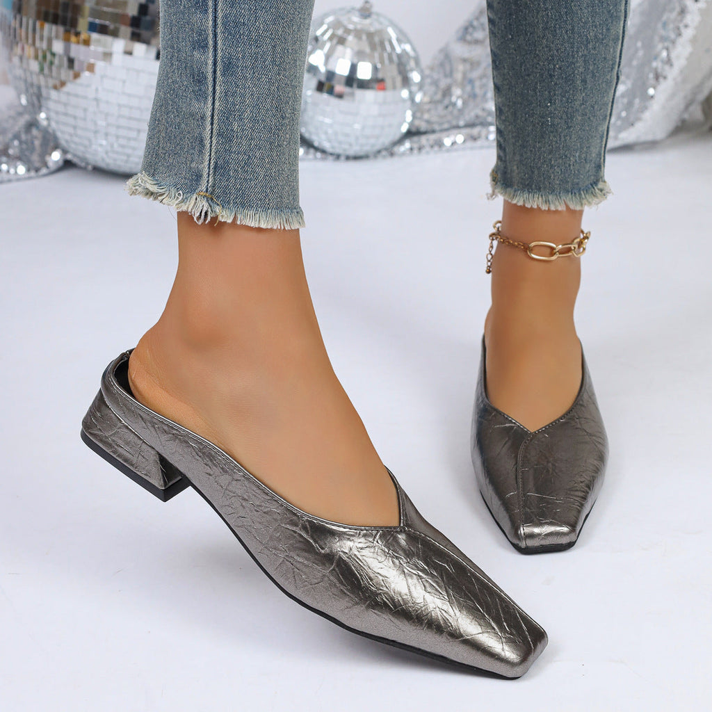 Chic Crocodile Texture Square Toe Block Heel Mules - 3.5cm Low Heel Slip-On Shoes
