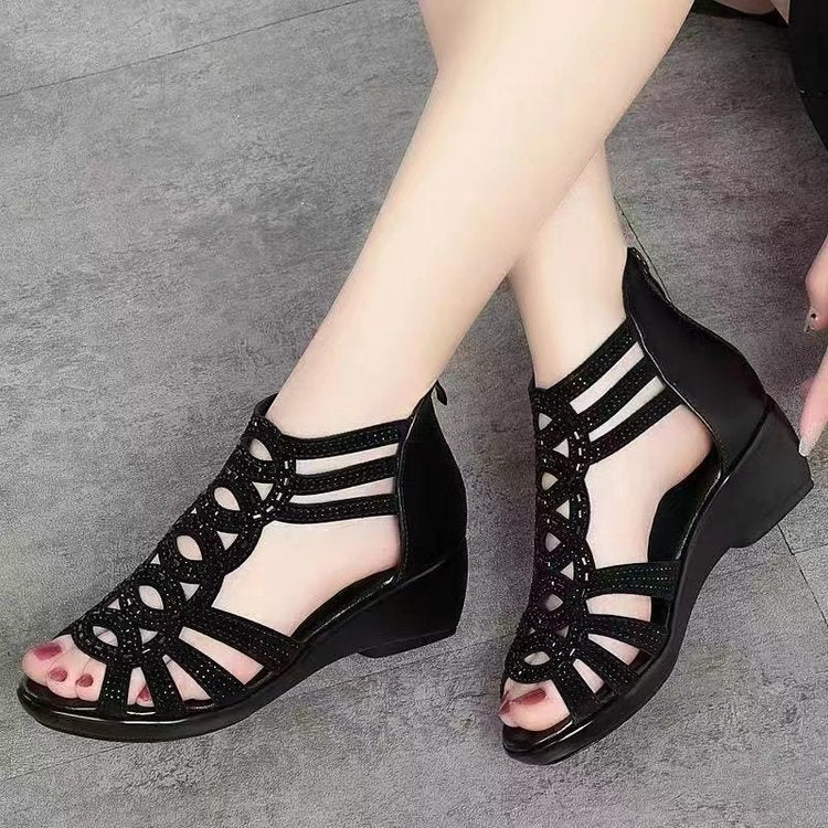 Women Peep Toe Cutout Wedge Sandals Rhinestone Hollow Out Gladiator Style Shoes