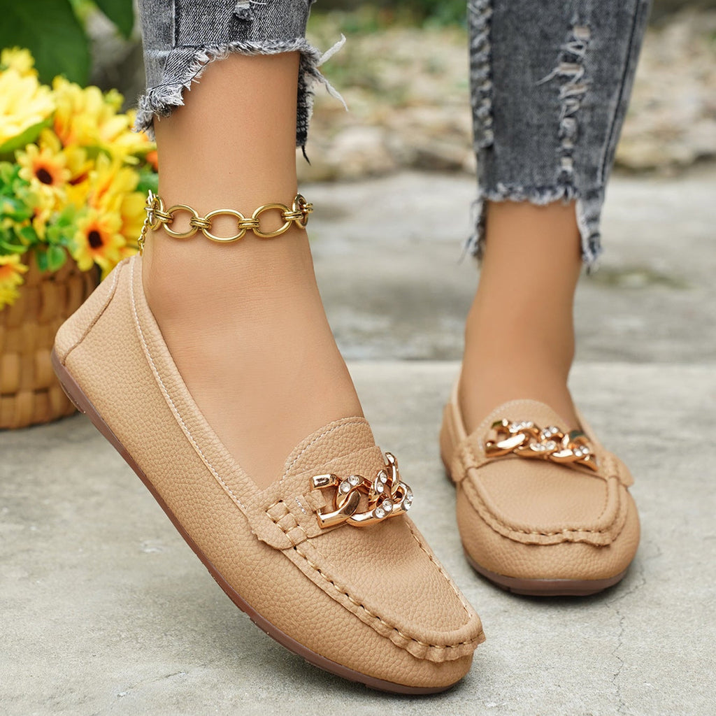 Women's Classic Chain Loafers with Gold Buckle Ornament – Comfortable Casual Slip-On Flats