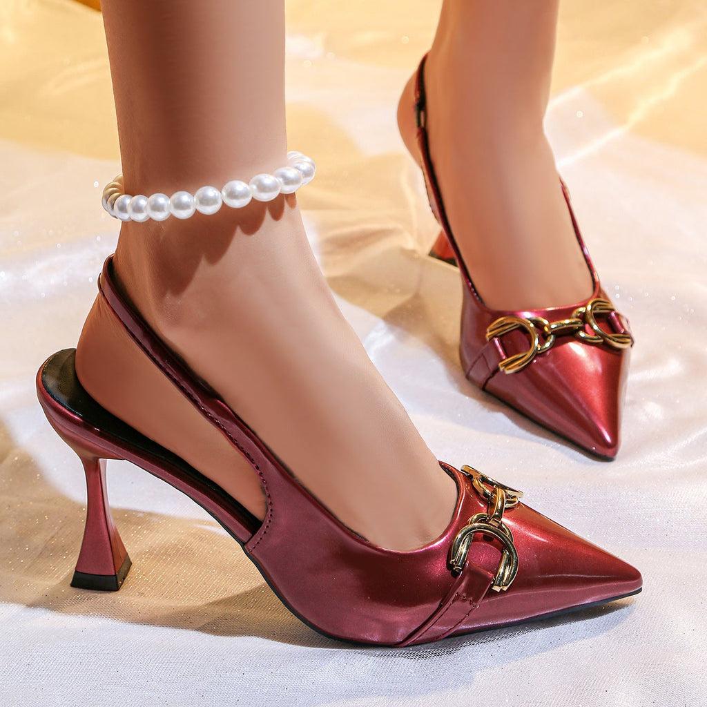 Women's Pointed Toe Slingback Kitten Heels with Gold Buckle Patent Leather Pumps