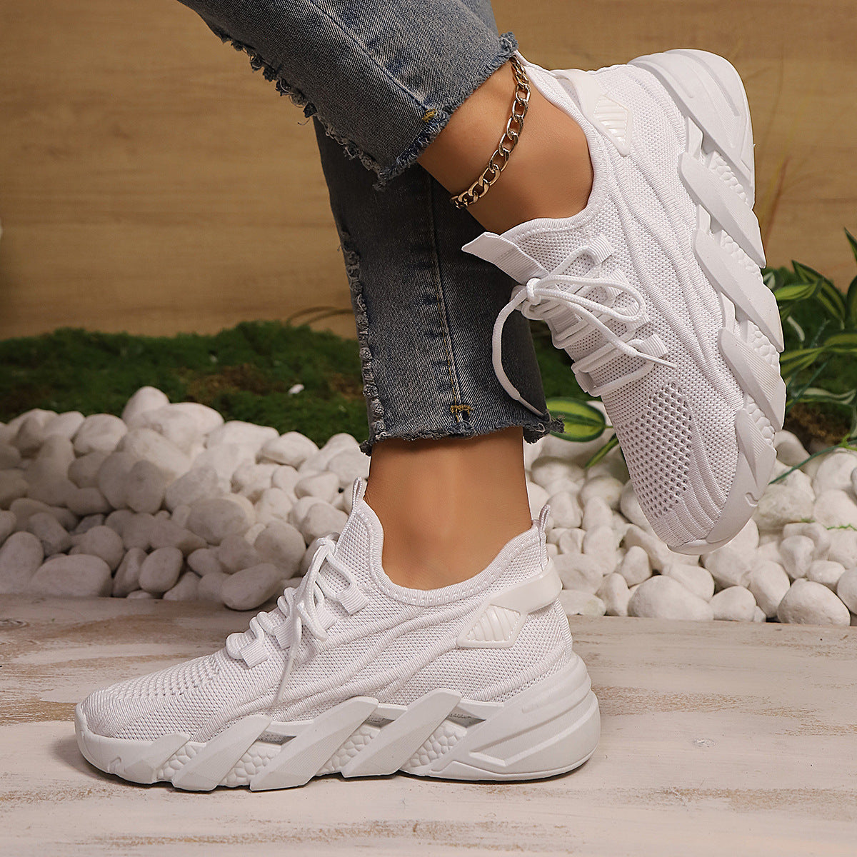 Women's Chunky Platform Mesh Sneakers - Lightweight Breathable Lace-Up Casual Shoes
