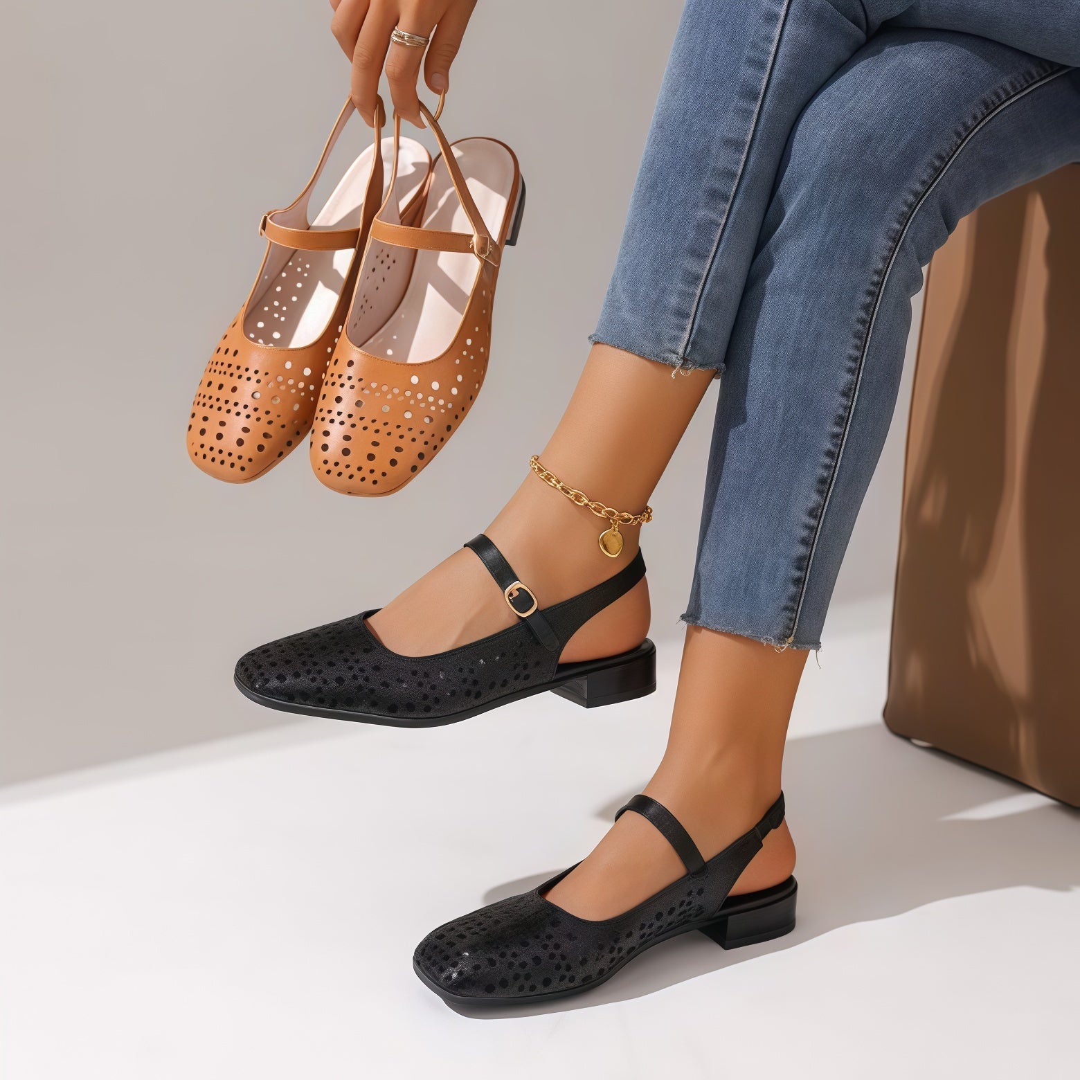 Women's Perforated Slingback Flats – Square Toe Low Heel Mary Jane Shoes