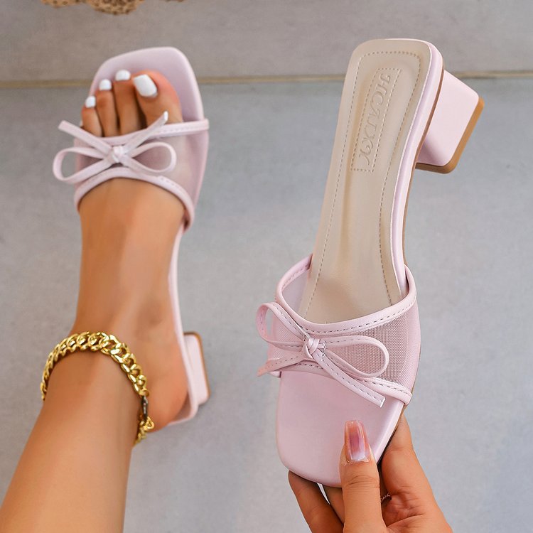 Women Square Toe Bow Mesh Block Heel Slide Sandals - Low Heel Summer Dress Shoes