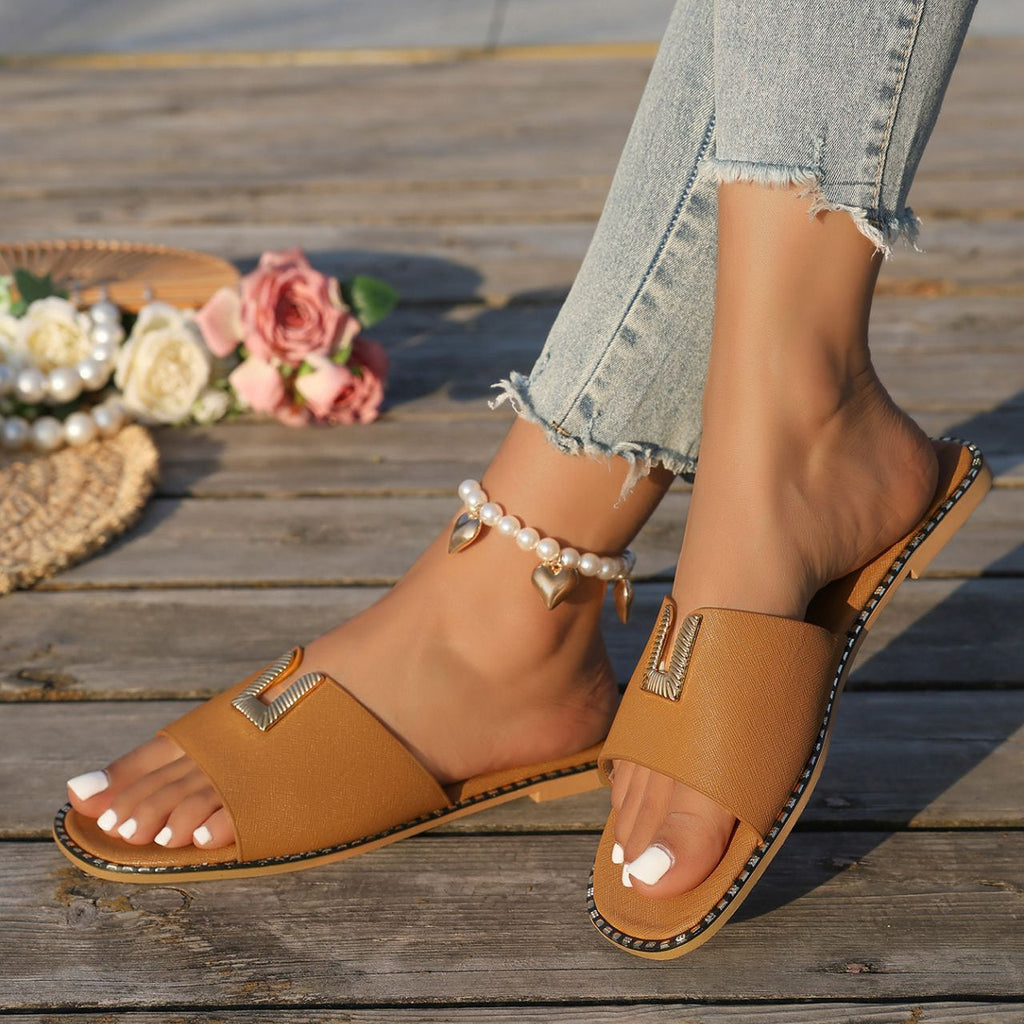 Women's Square Toe Slide Sandals with Gold U-Buckle Ornament – Studded Flat Slippers