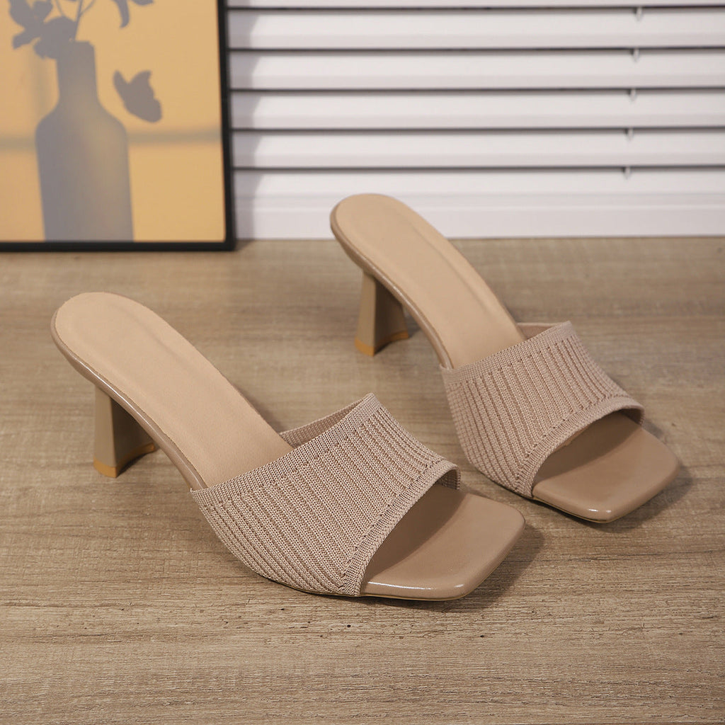 Ribbed Knit Square Toe Block Heel Mules – Comfortable Slip-On Sandals