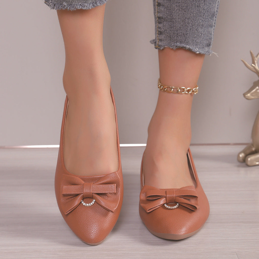 Women Pointed Toe Bow Flats with Rhinestone Comfort Low Wedge Shoes
