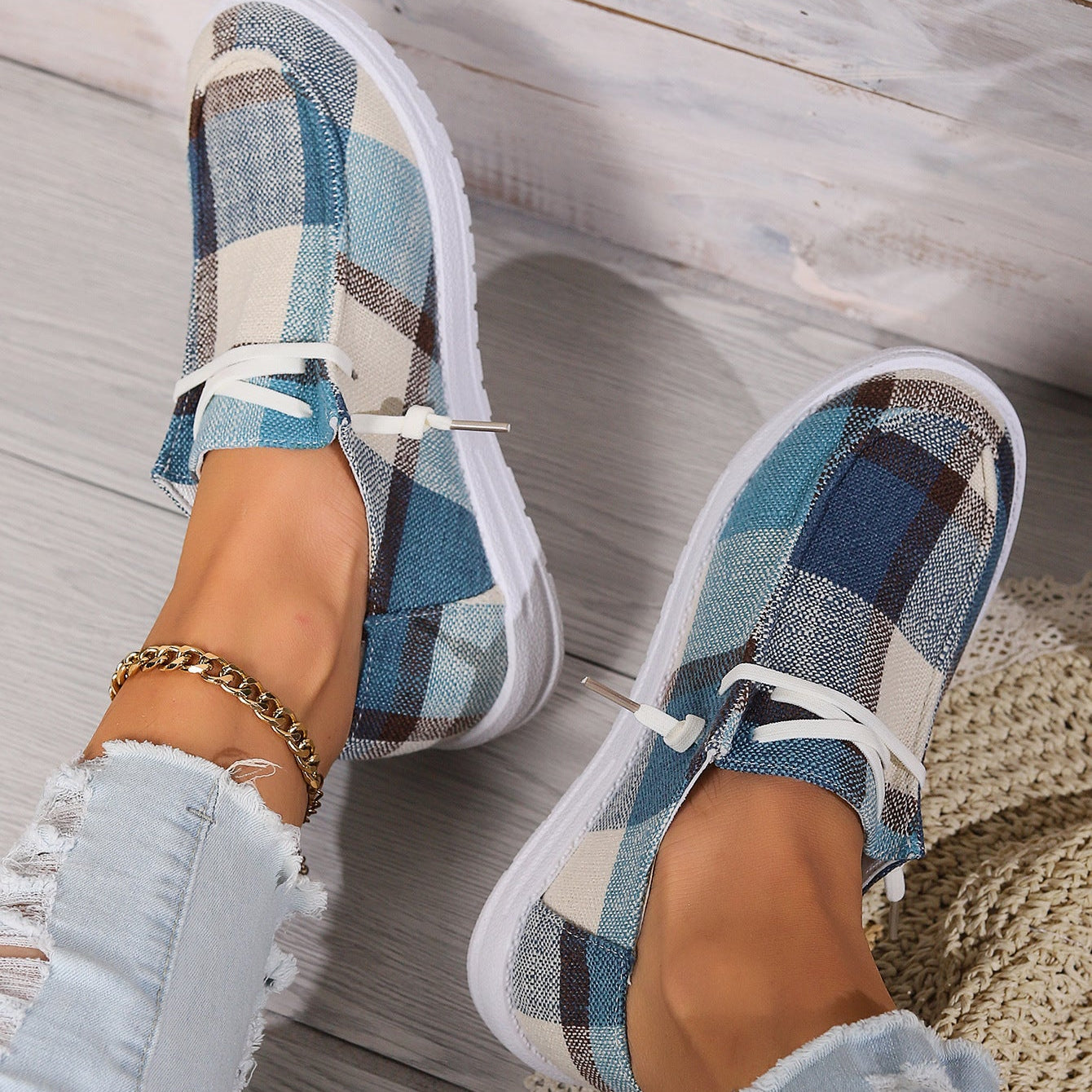 Plaid Canvas Slip-On Sneakers Women Casual Lace-Up Comfort Shoes