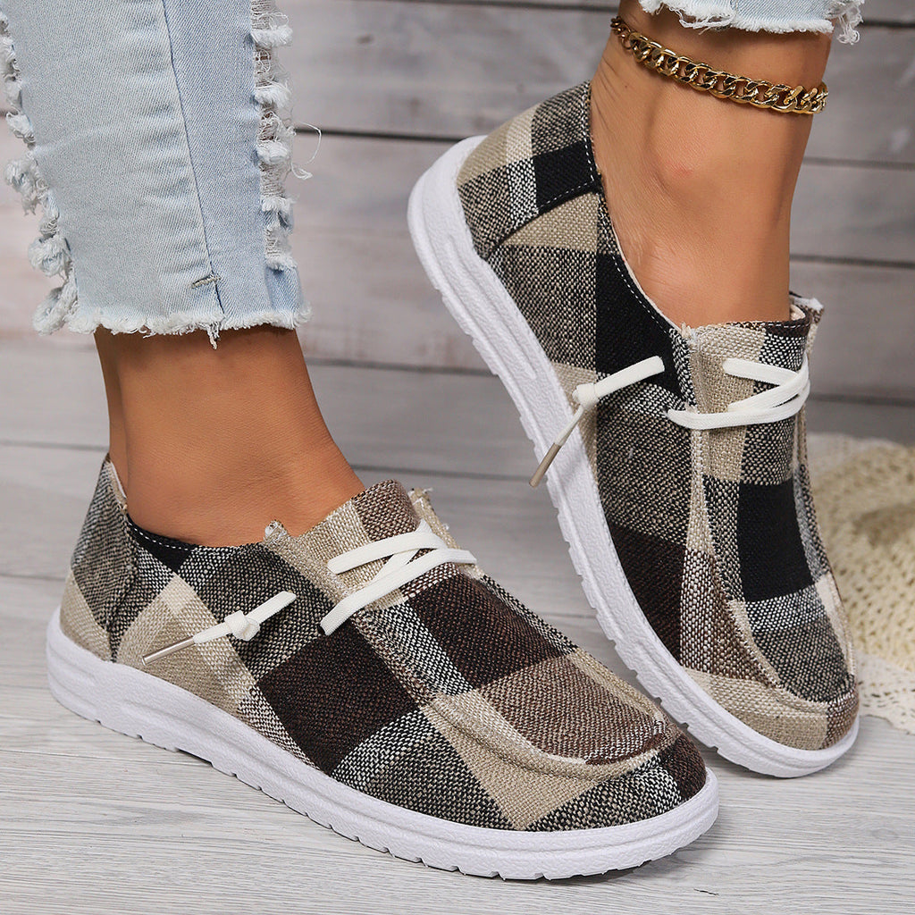 Plaid Canvas Slip-On Sneakers Women Casual Lace-Up Comfort Shoes