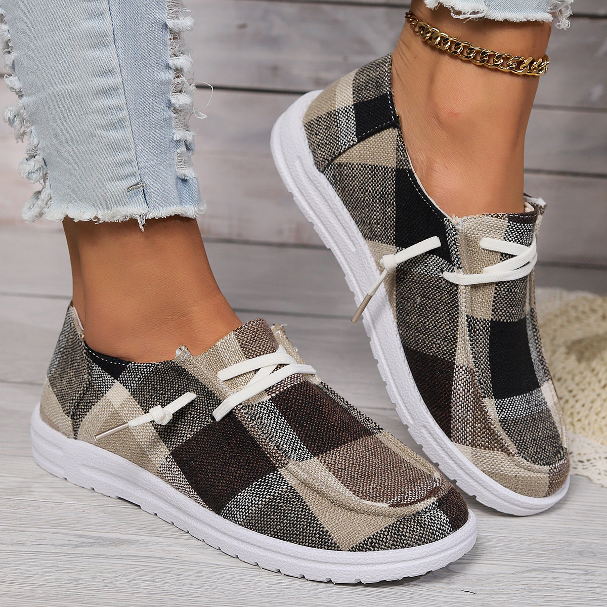 Plaid Canvas Slip-On Sneakers Women Casual Lace-Up Comfort Shoes