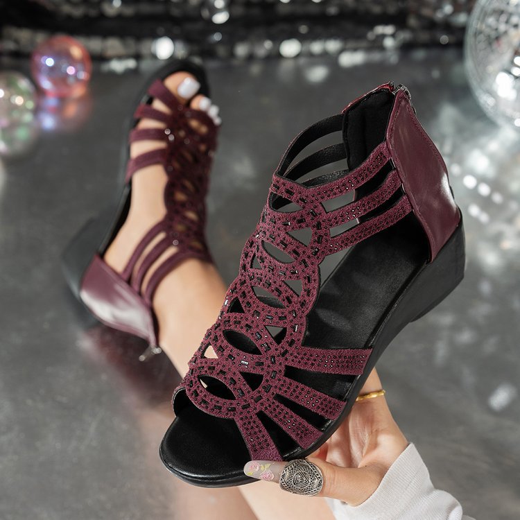 Women Peep Toe Cutout Wedge Sandals Rhinestone Hollow Out Gladiator Style Shoes