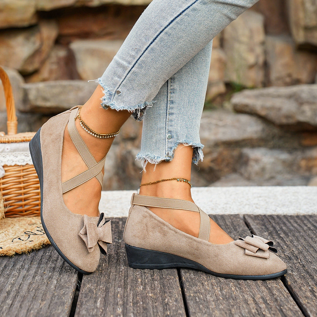Women Bow Wedge Shoes Criss Cross Strap Suede Mary Jane Flats