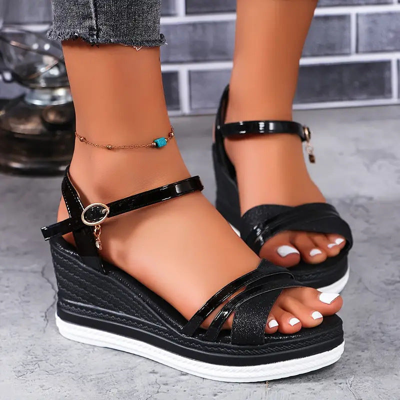 Women Platform Wedge Sandals Criss Cross Straps Ankle Buckle Summer Shoes