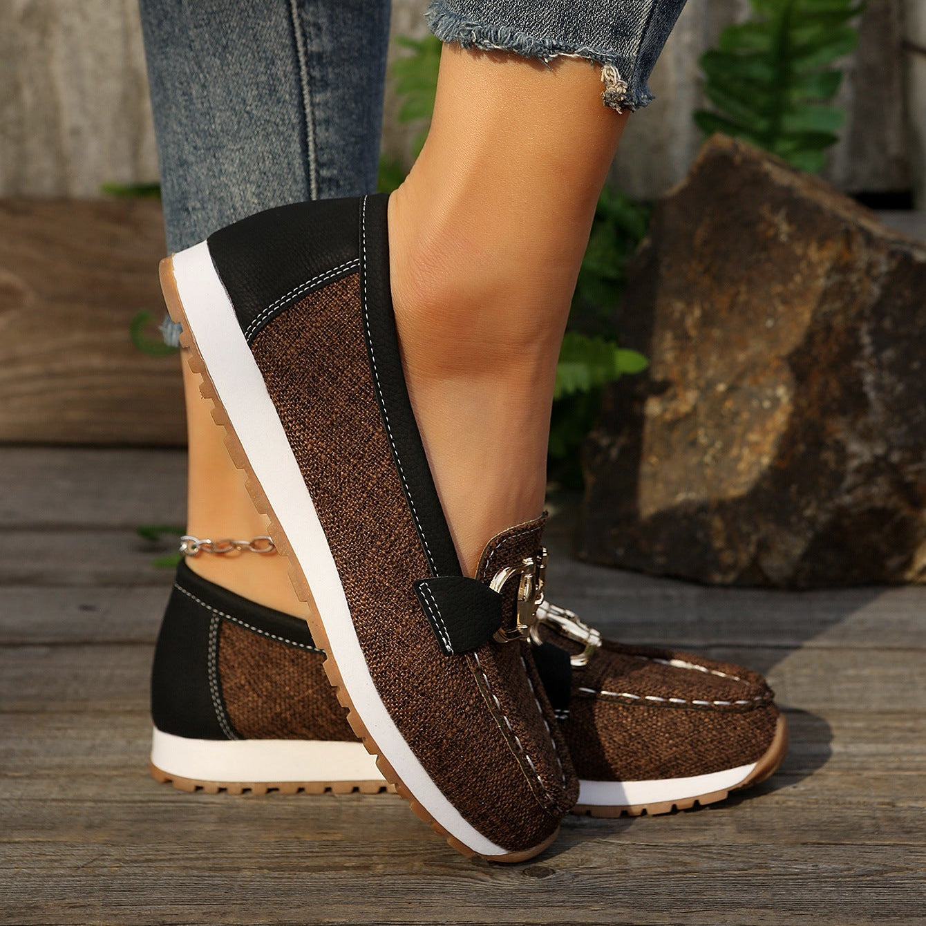 Women's Casual Loafers with Gold Buckle – Comfortable Platform Slip-On Shoes