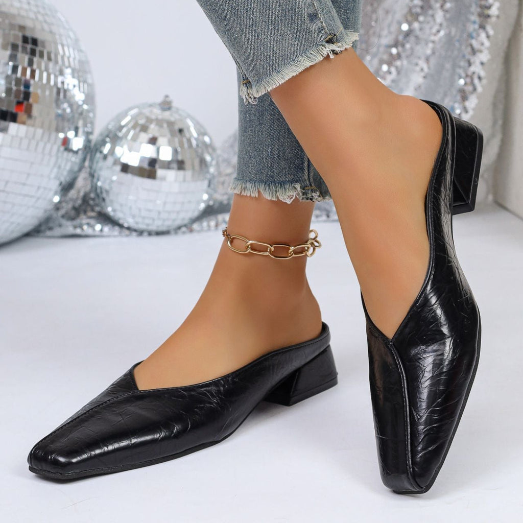 Chic Crocodile Texture Square Toe Block Heel Mules - 3.5cm Low Heel Slip-On Shoes