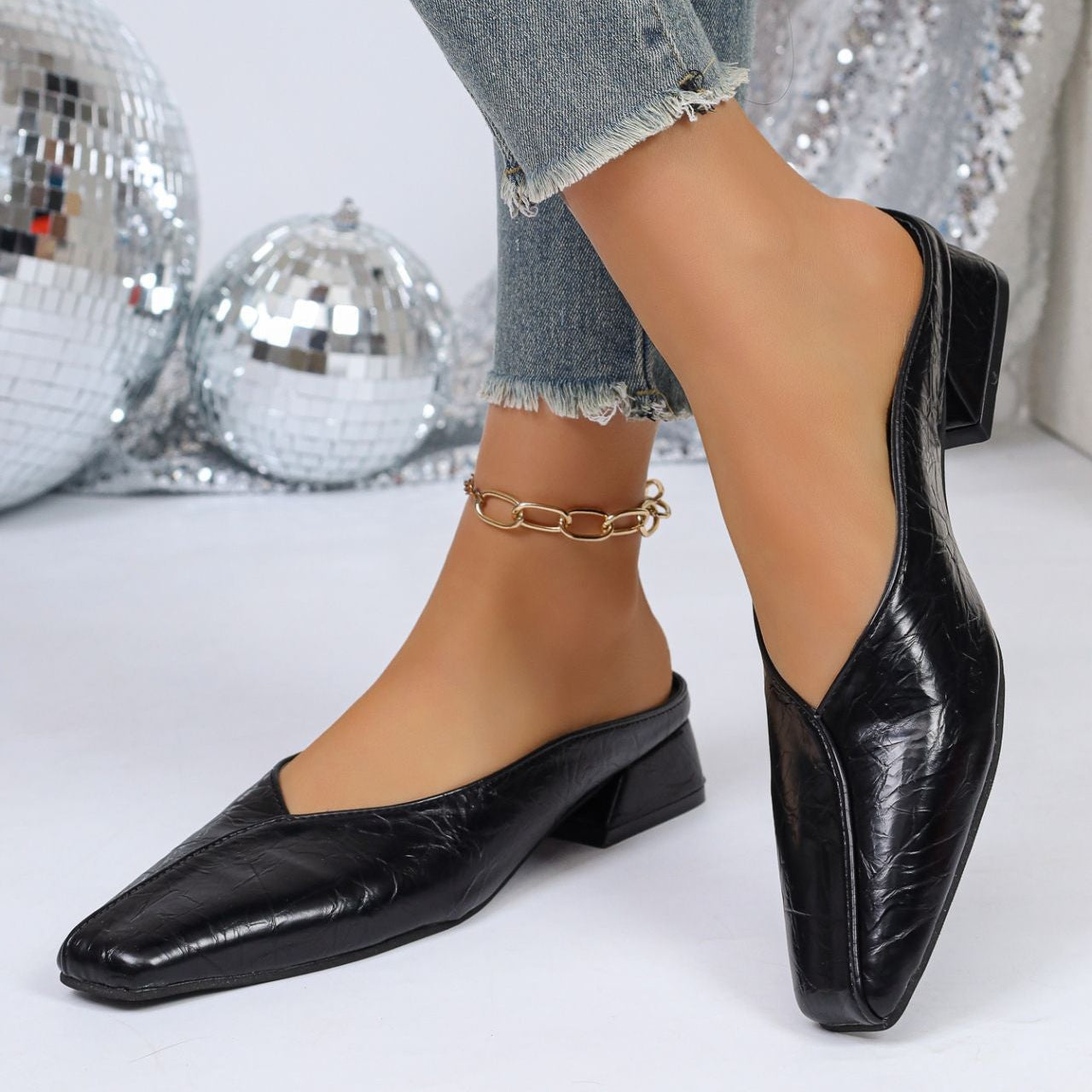 Chic Crocodile Texture Square Toe Block Heel Mules - 3.5cm Low Heel Slip-On Shoes