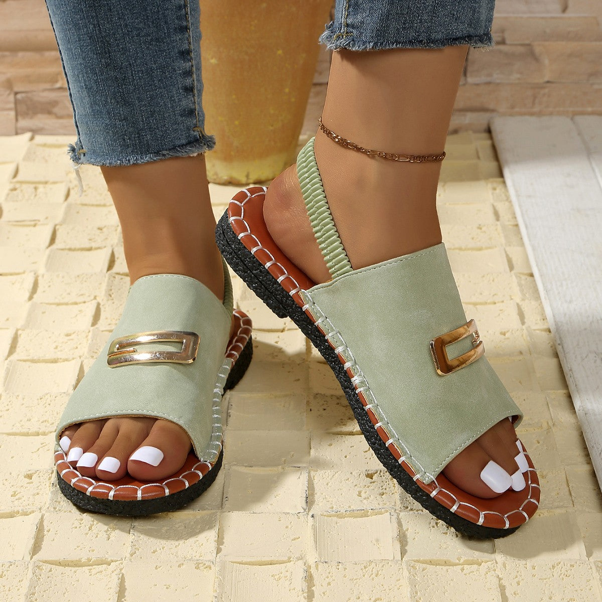 Women’s Platform Slide Sandals with Gold Buckle Peep Toe Comfort Summer Shoes