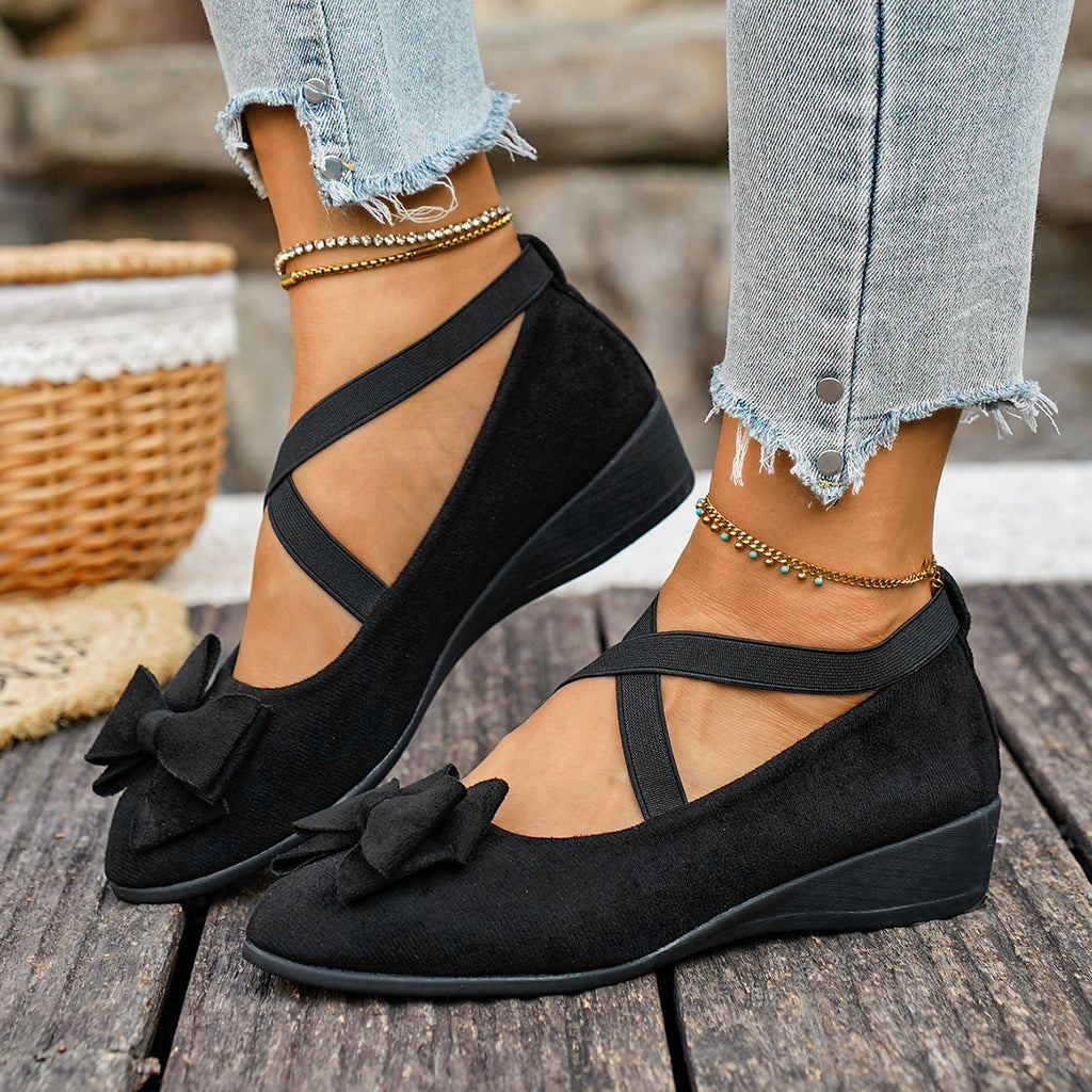 Women Bow Wedge Shoes Criss Cross Strap Suede Mary Jane Flats
