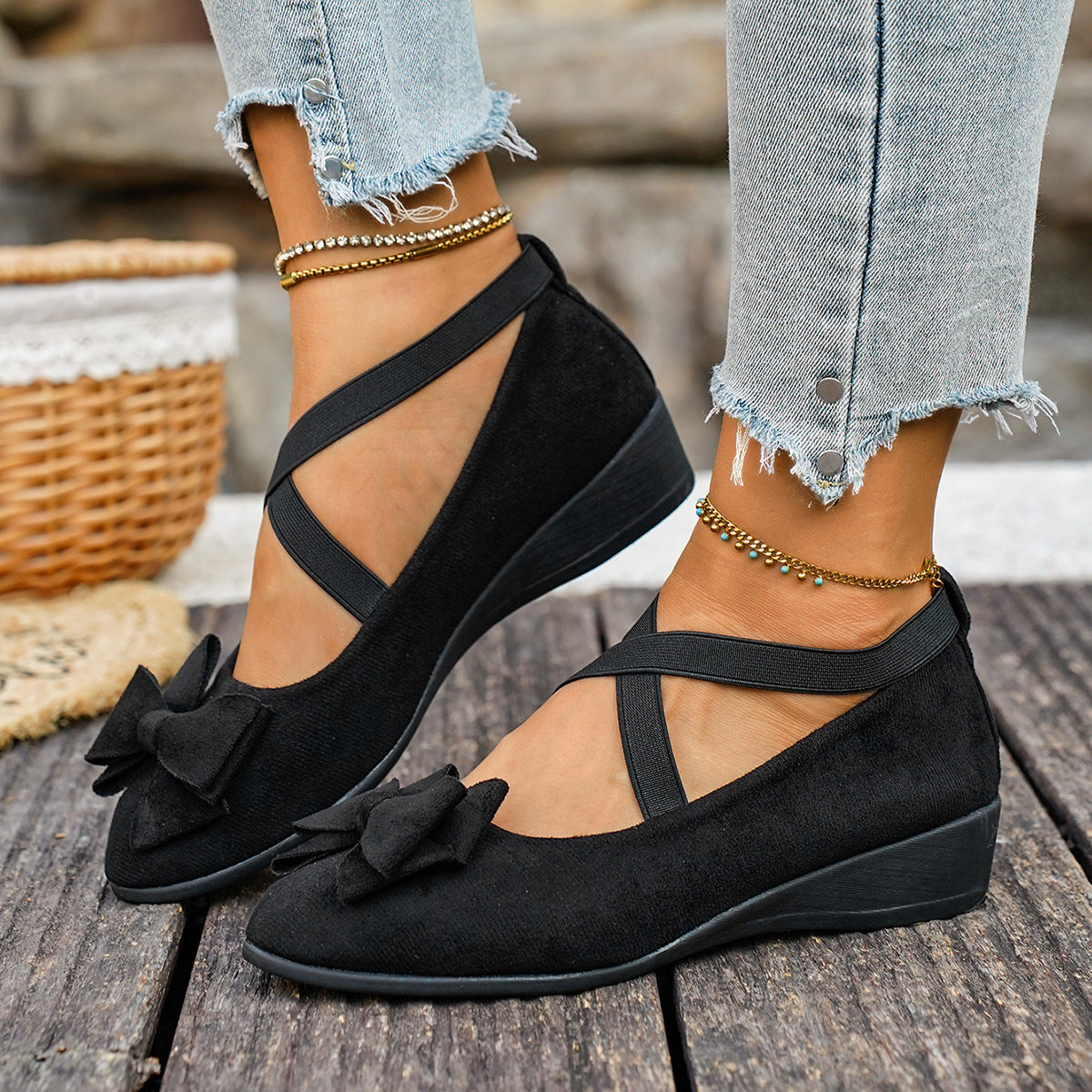 Women Bow Wedge Shoes Criss Cross Strap Suede Mary Jane Flats