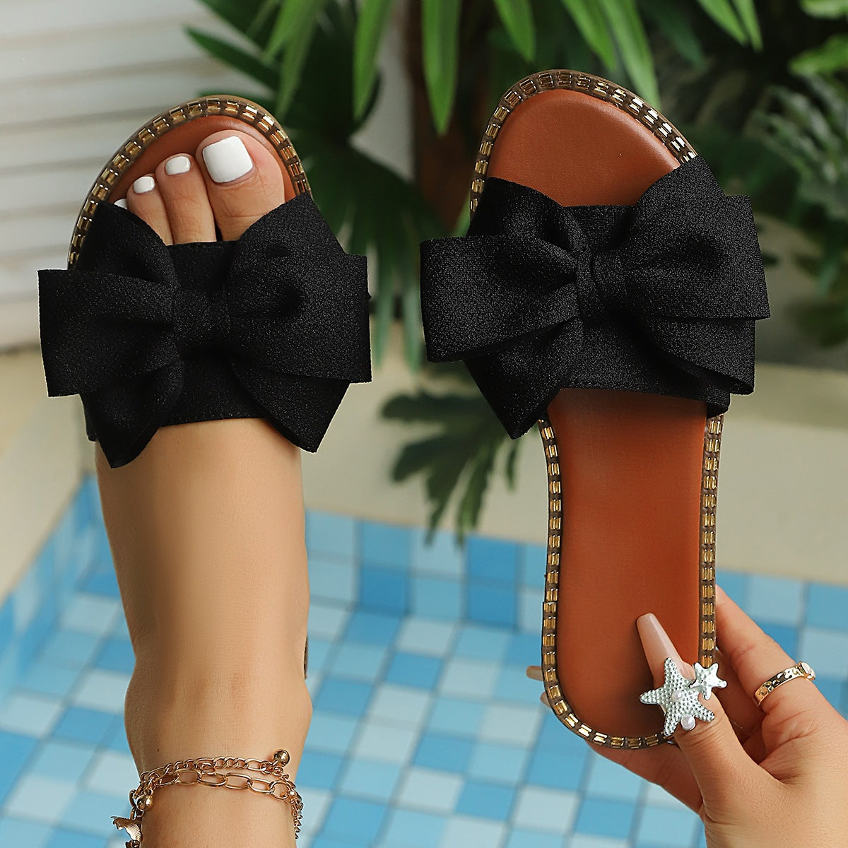 Big Bow Rhinestone Platform Slide Sandals Women - Chunky Summer Beach Slippers