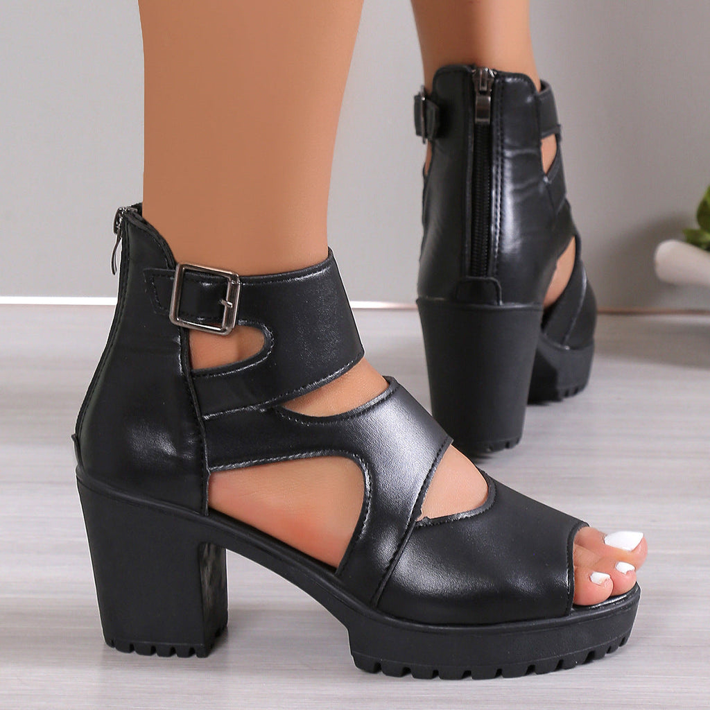 Women Peep Toe Platform Chunky Heel Sandals with Ankle Buckle 7.5cm