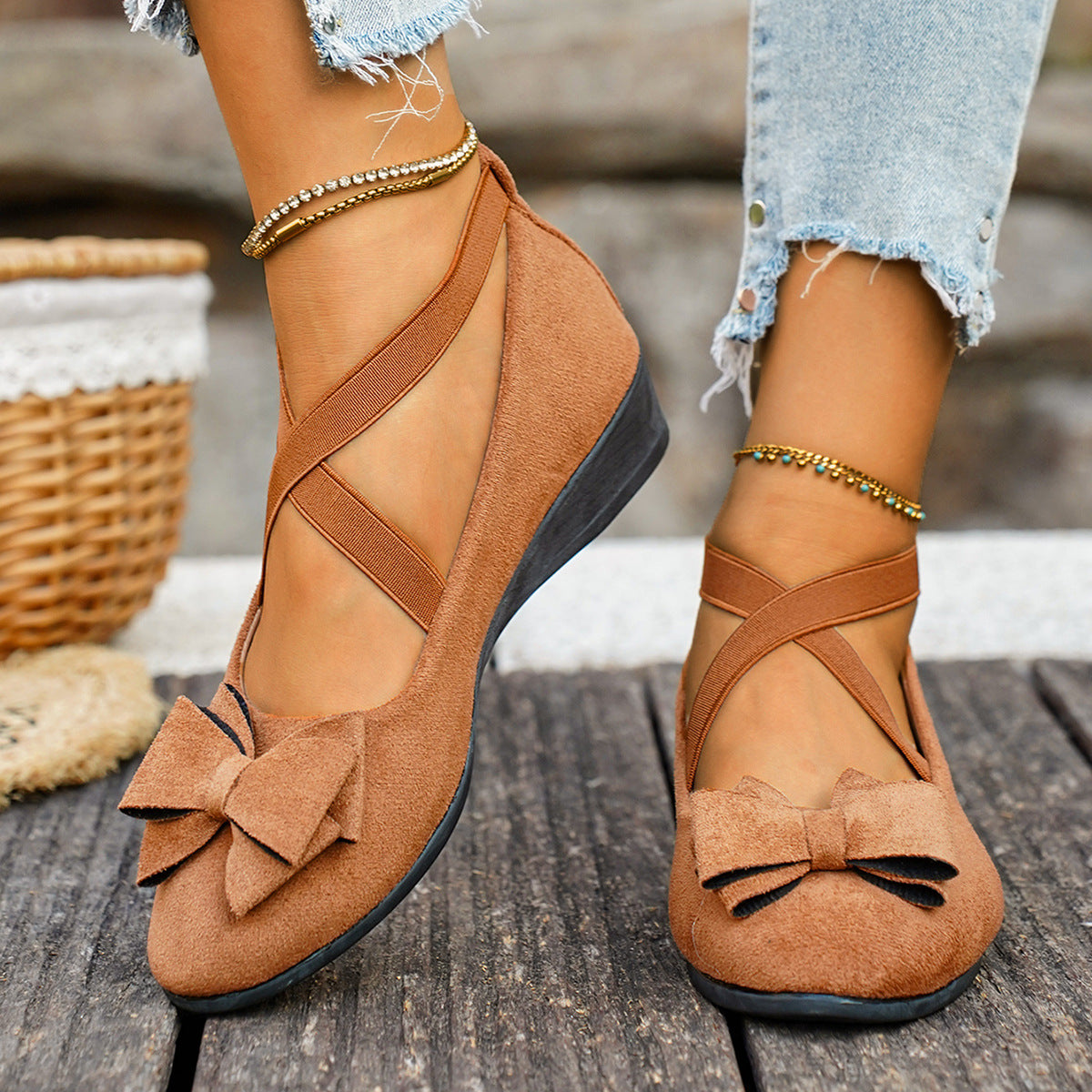 Women Bow Wedge Shoes Criss Cross Strap Suede Mary Jane Flats