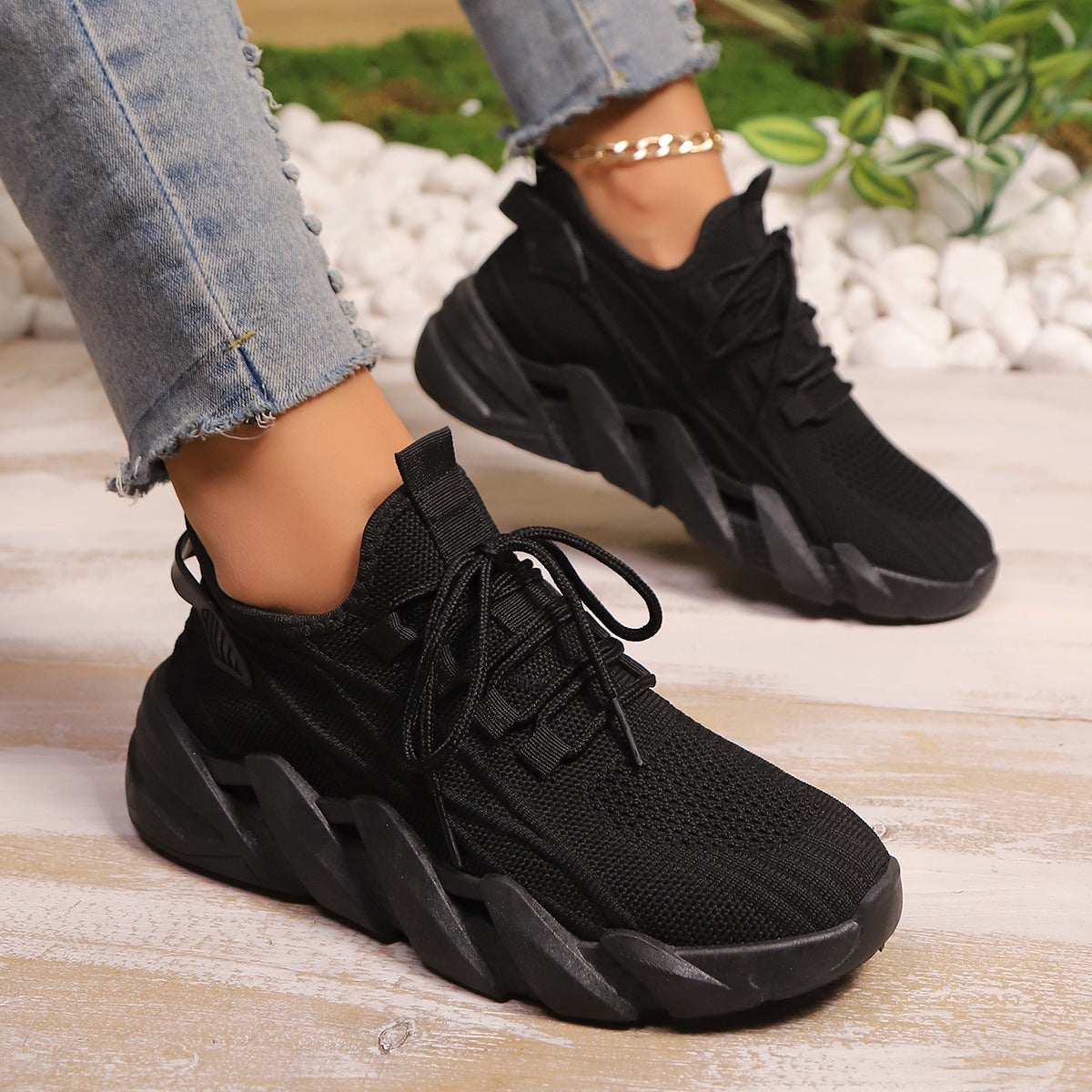Women's Chunky Platform Mesh Sneakers - Lightweight Breathable Lace-Up Casual Shoes