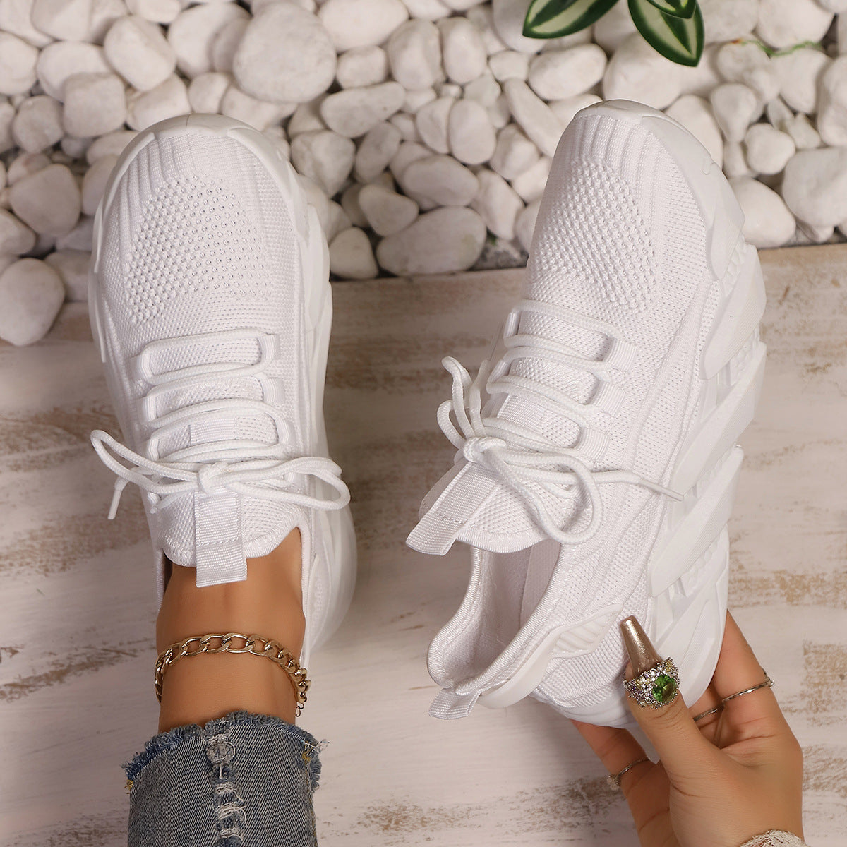 Women's Chunky Platform Mesh Sneakers - Lightweight Breathable Lace-Up Casual Shoes