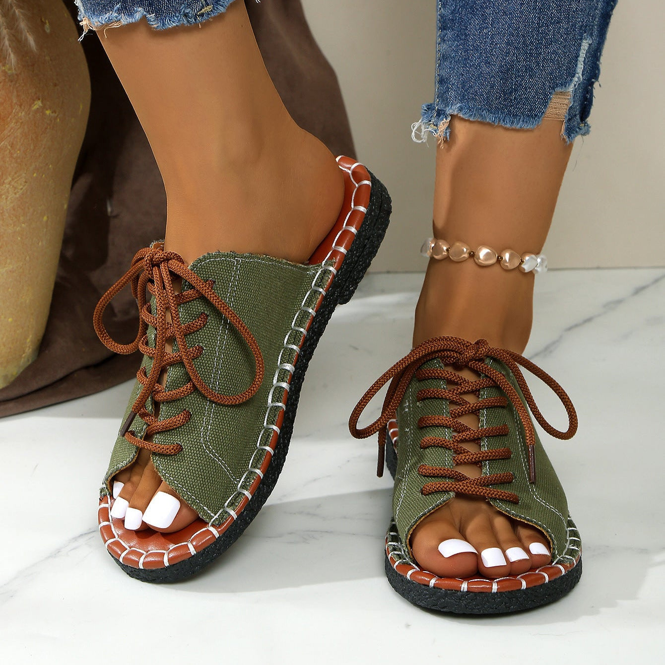 Women's Lace-Up Peep Toe Slide Sandals Casual Comfort Flat Sandals