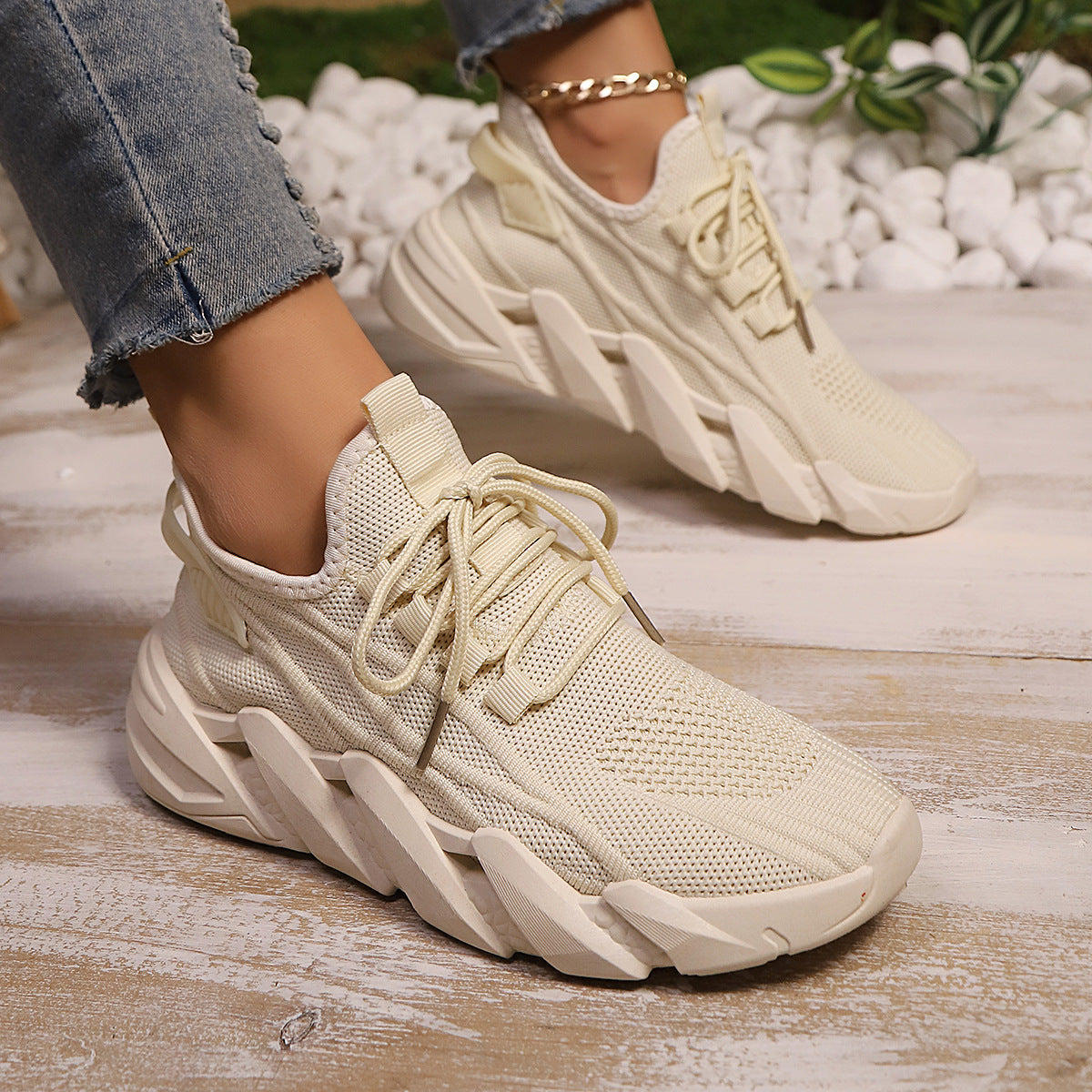 Women's Chunky Platform Mesh Sneakers - Lightweight Breathable Lace-Up Casual Shoes