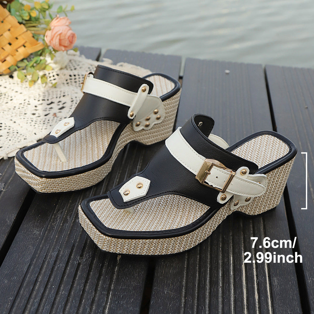 Women's Platform Wedge Thong Sandals - Black White Buckle Strap Chunky Heel Summer Shoes