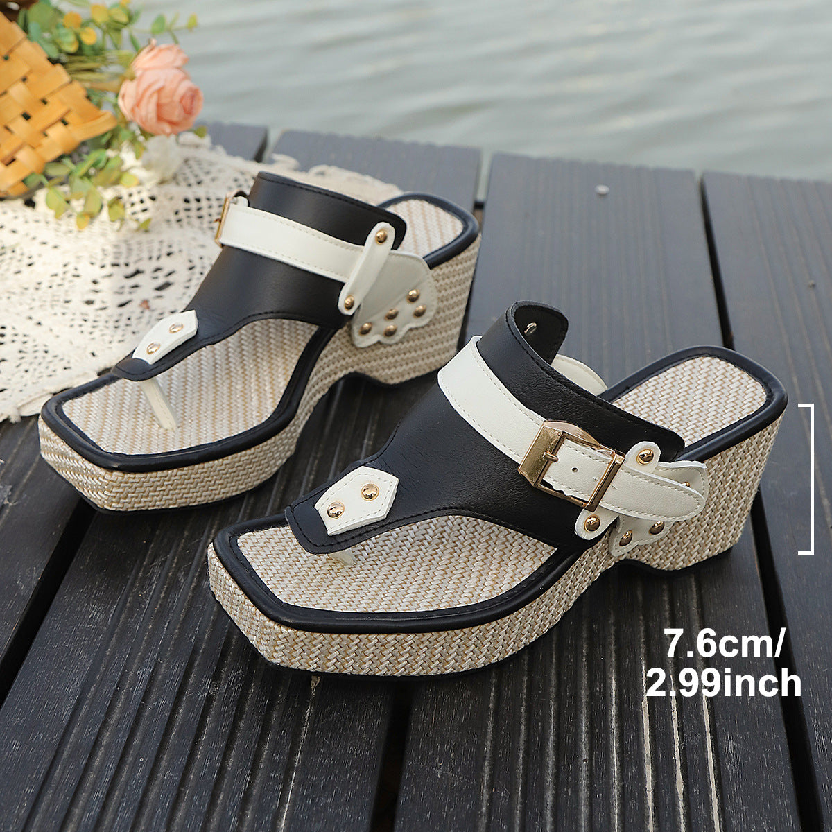 Women's Platform Wedge Thong Sandals - Black White Buckle Strap Chunky Heel Summer Shoes