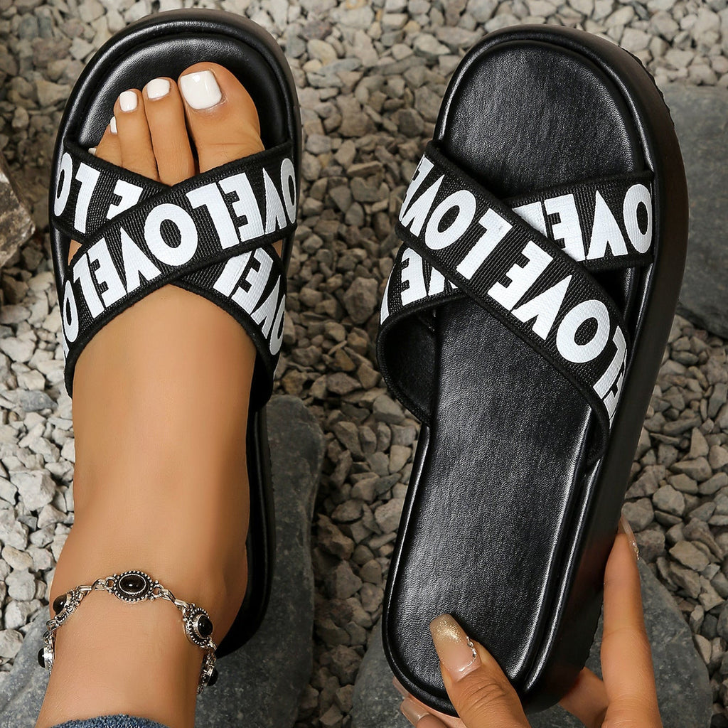 Women's LOVE Cross-Strap Platform Slide Sandals – Lightweight Casual Comfort Slippers