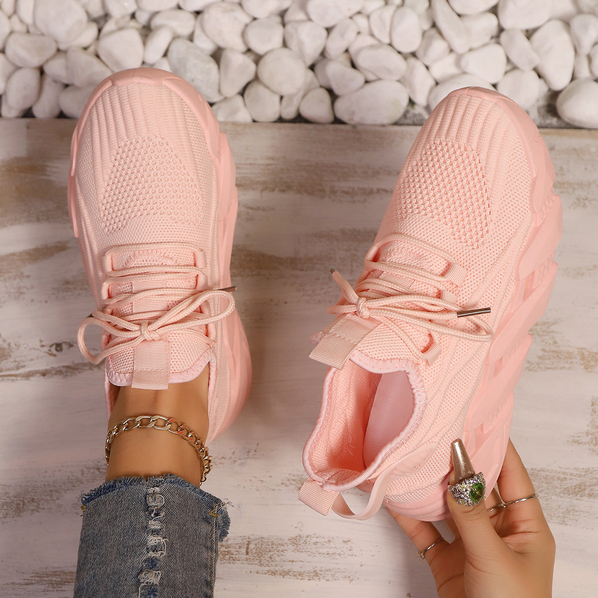 Women's Chunky Platform Mesh Sneakers - Lightweight Breathable Lace-Up Casual Shoes
