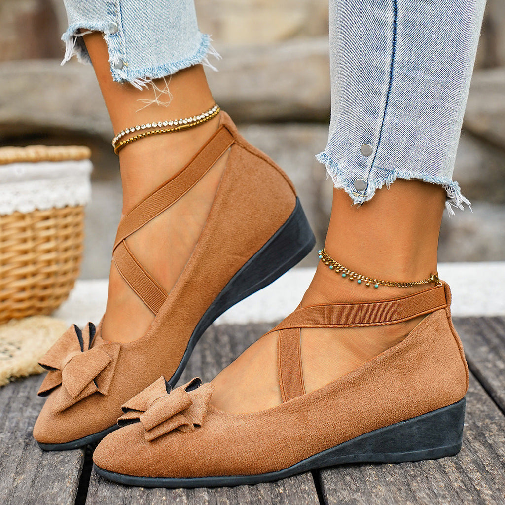 Women Bow Wedge Shoes Criss Cross Strap Suede Mary Jane Flats