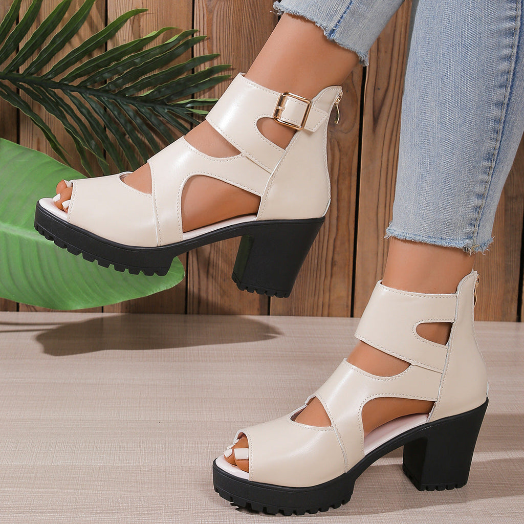 Women Peep Toe Platform Chunky Heel Sandals with Ankle Buckle 7.5cm