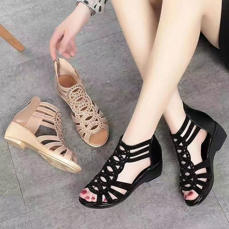 Women Peep Toe Cutout Wedge Sandals Rhinestone Hollow Out Gladiator Style Shoes